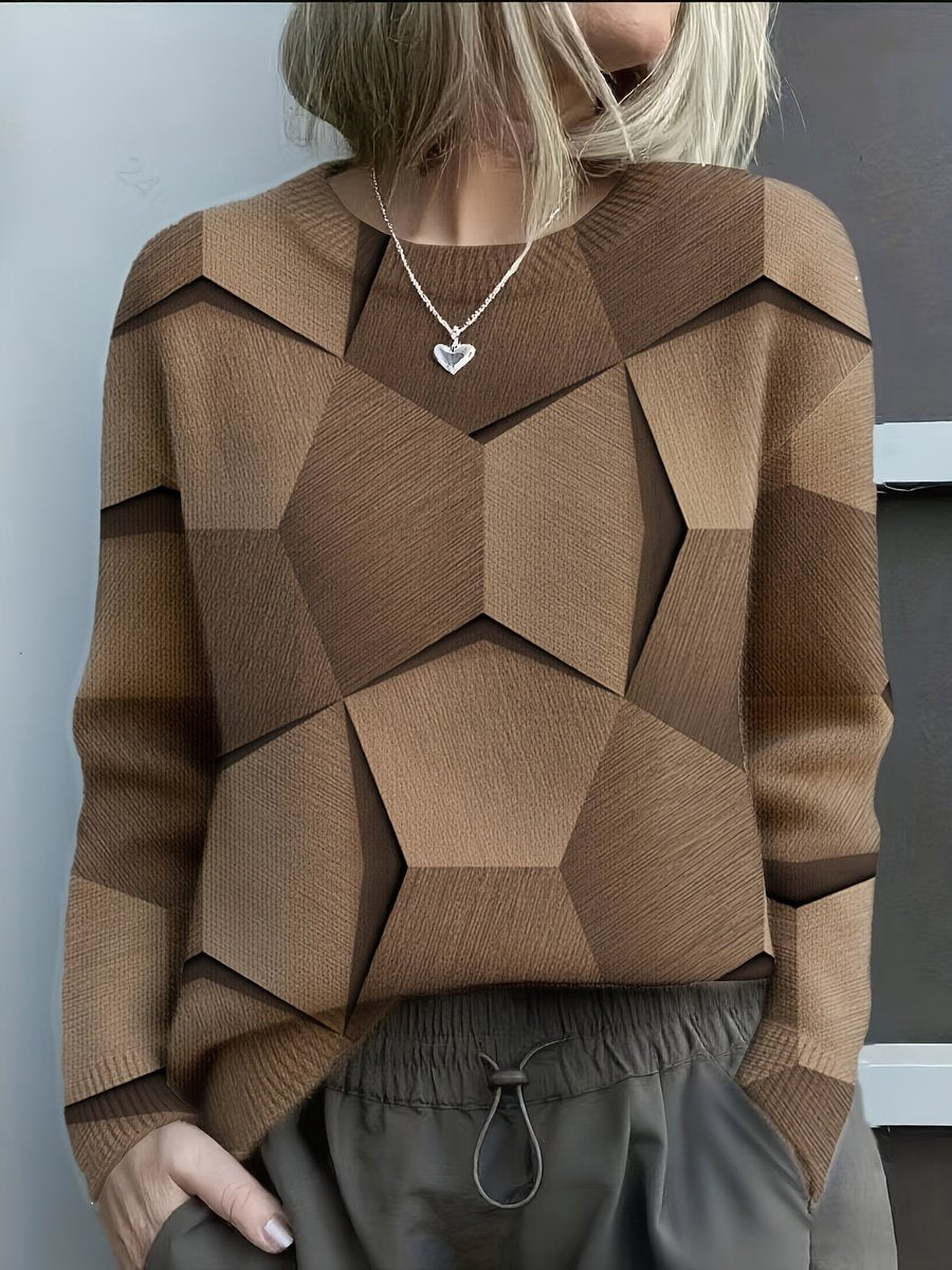 Women's Long Sleeve Geometric Print Knit Sweater Round Neck - Brown
