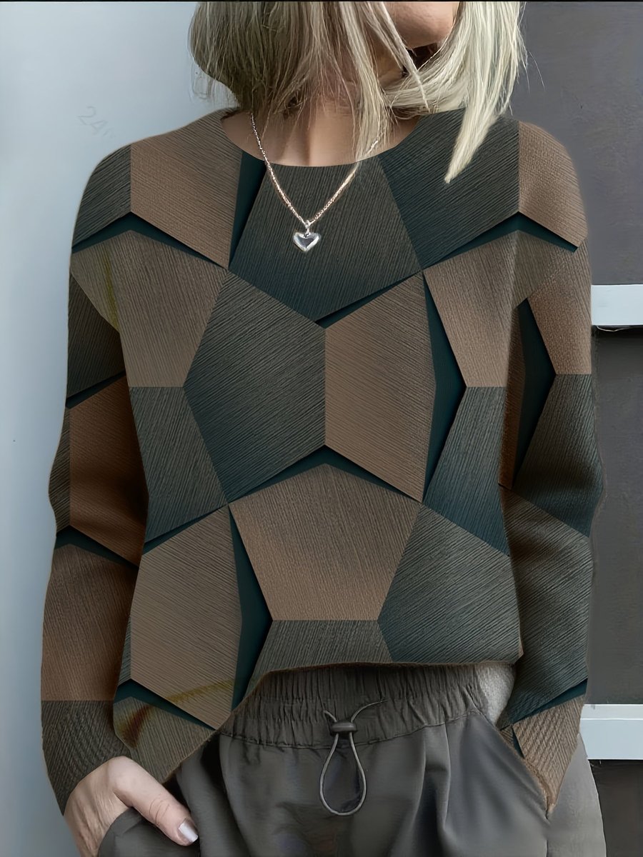 Women's Long Sleeve Geometric Print Knit Sweater Round Neck - Black