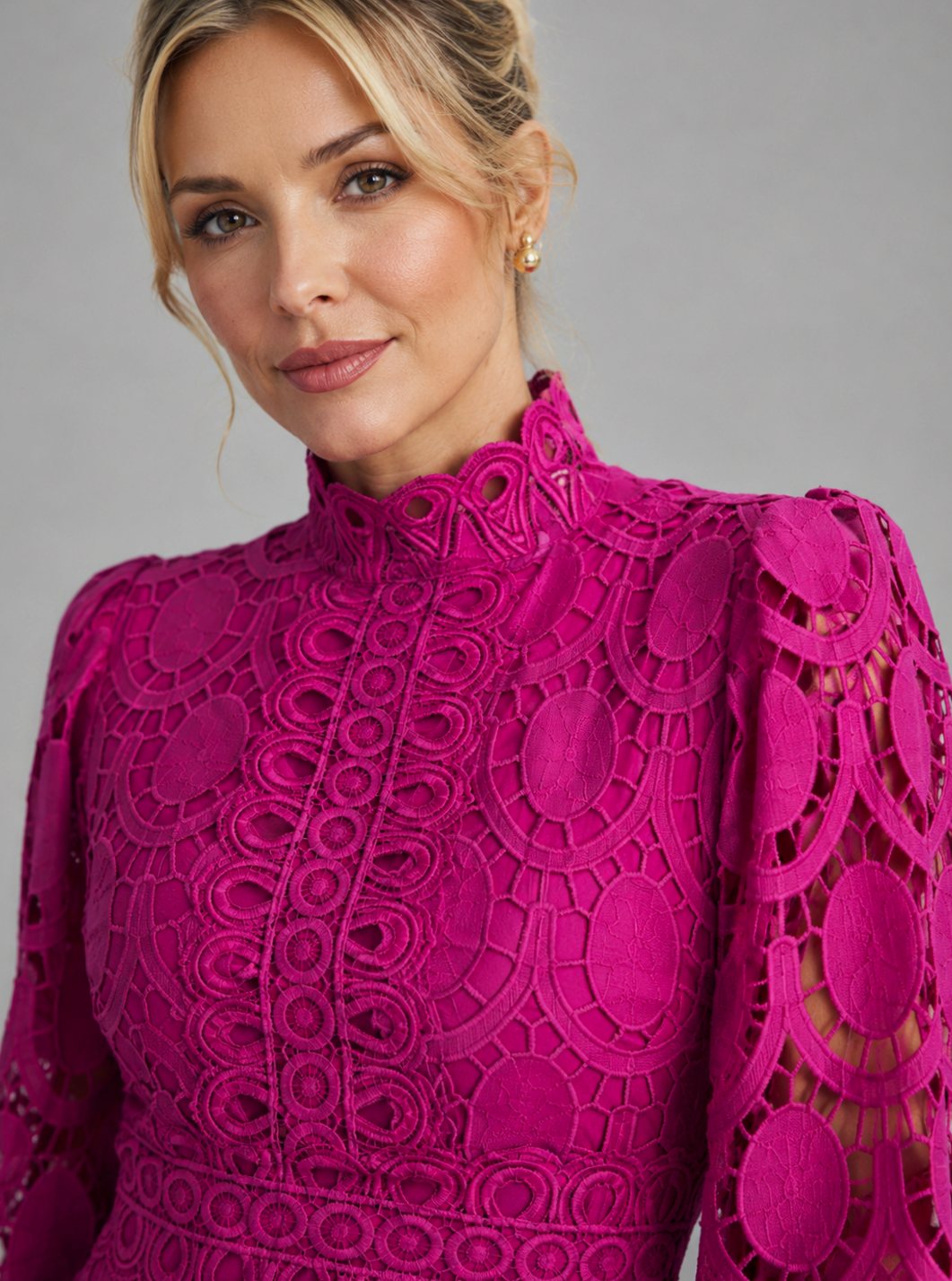 Women's Long-Sleeve Lace Midi Dress Mock-Neck A-Line