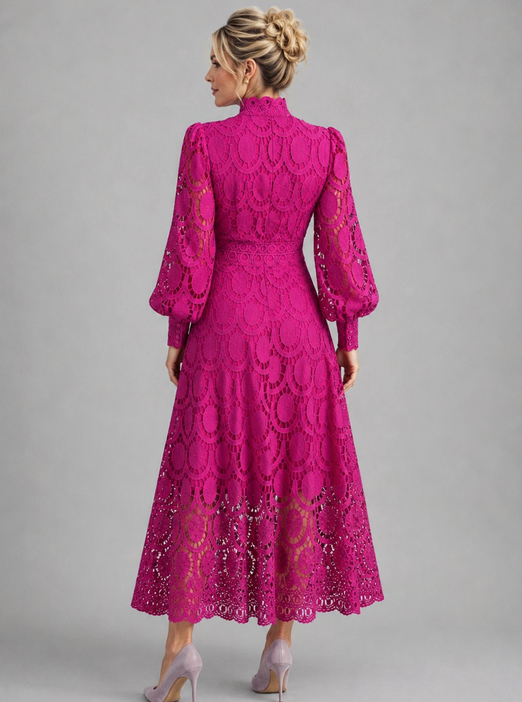 Women's Long-Sleeve Lace Midi Dress Mock-Neck A-Line