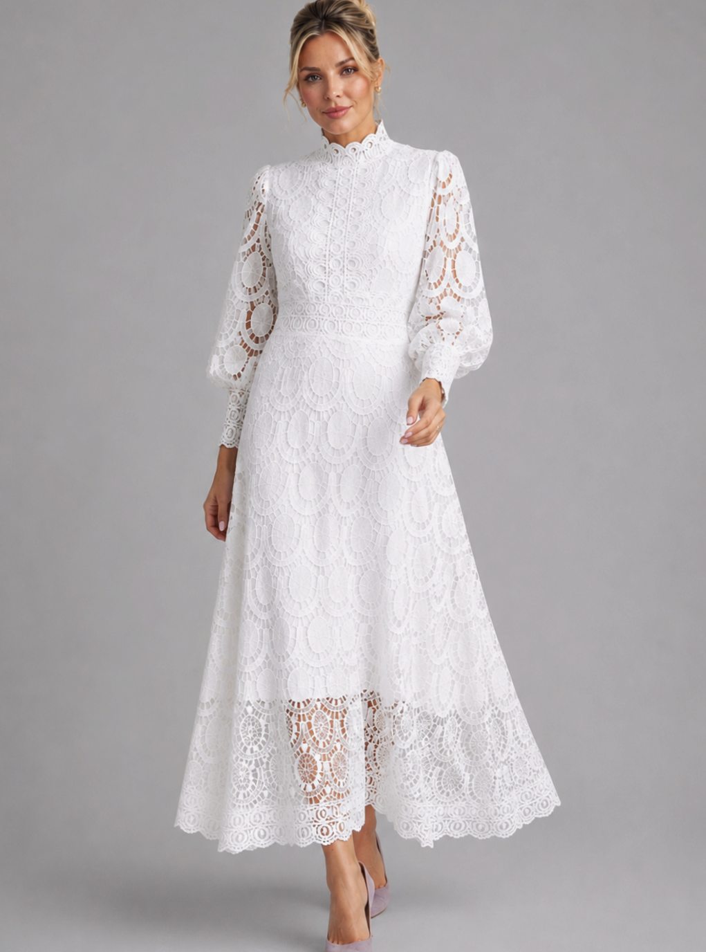 Women's Long-Sleeve Lace Midi Dress Mock-Neck A-Line - White