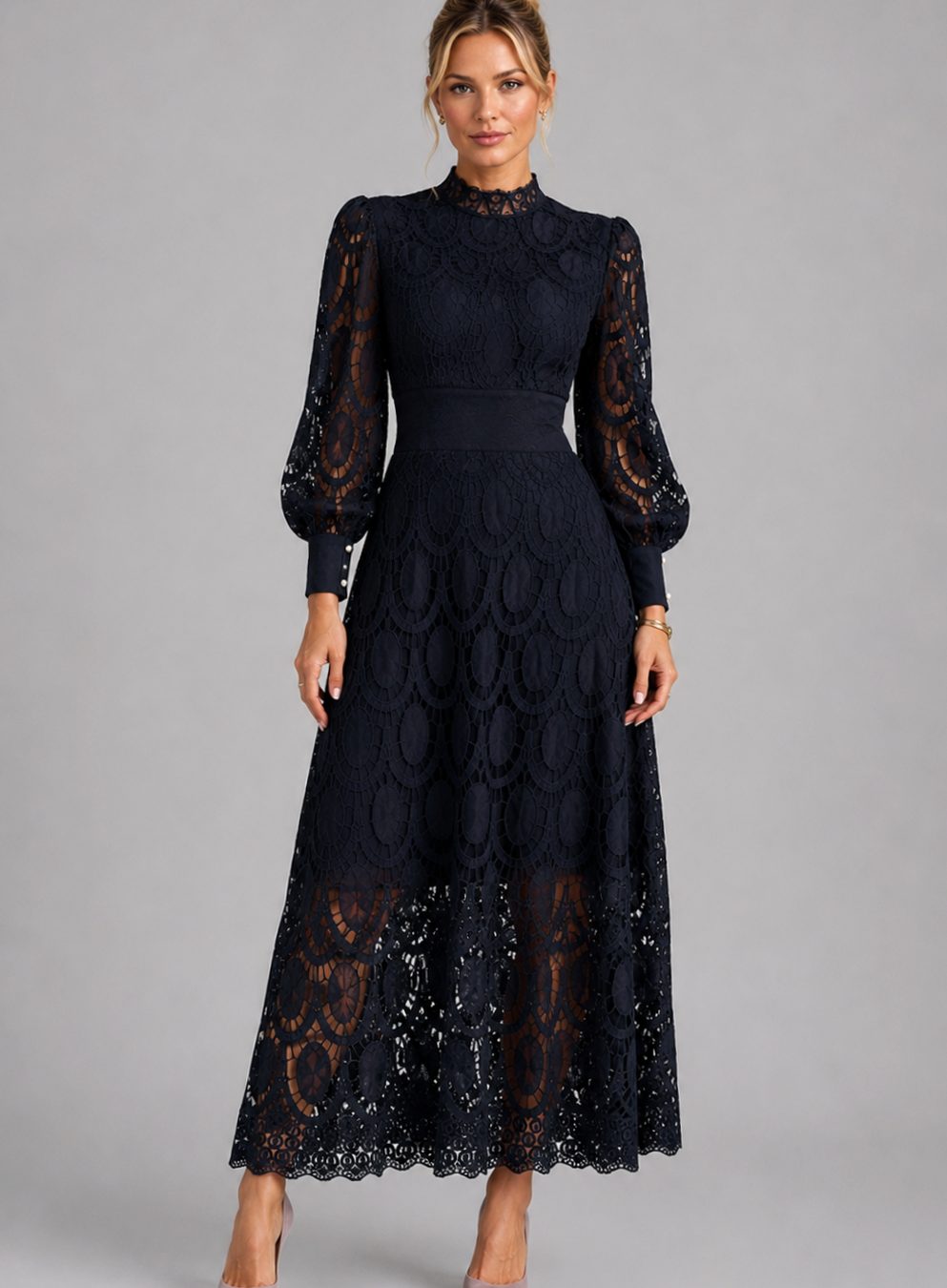 Women's Long-Sleeve Lace Midi Dress Mock-Neck A-Line - Black
