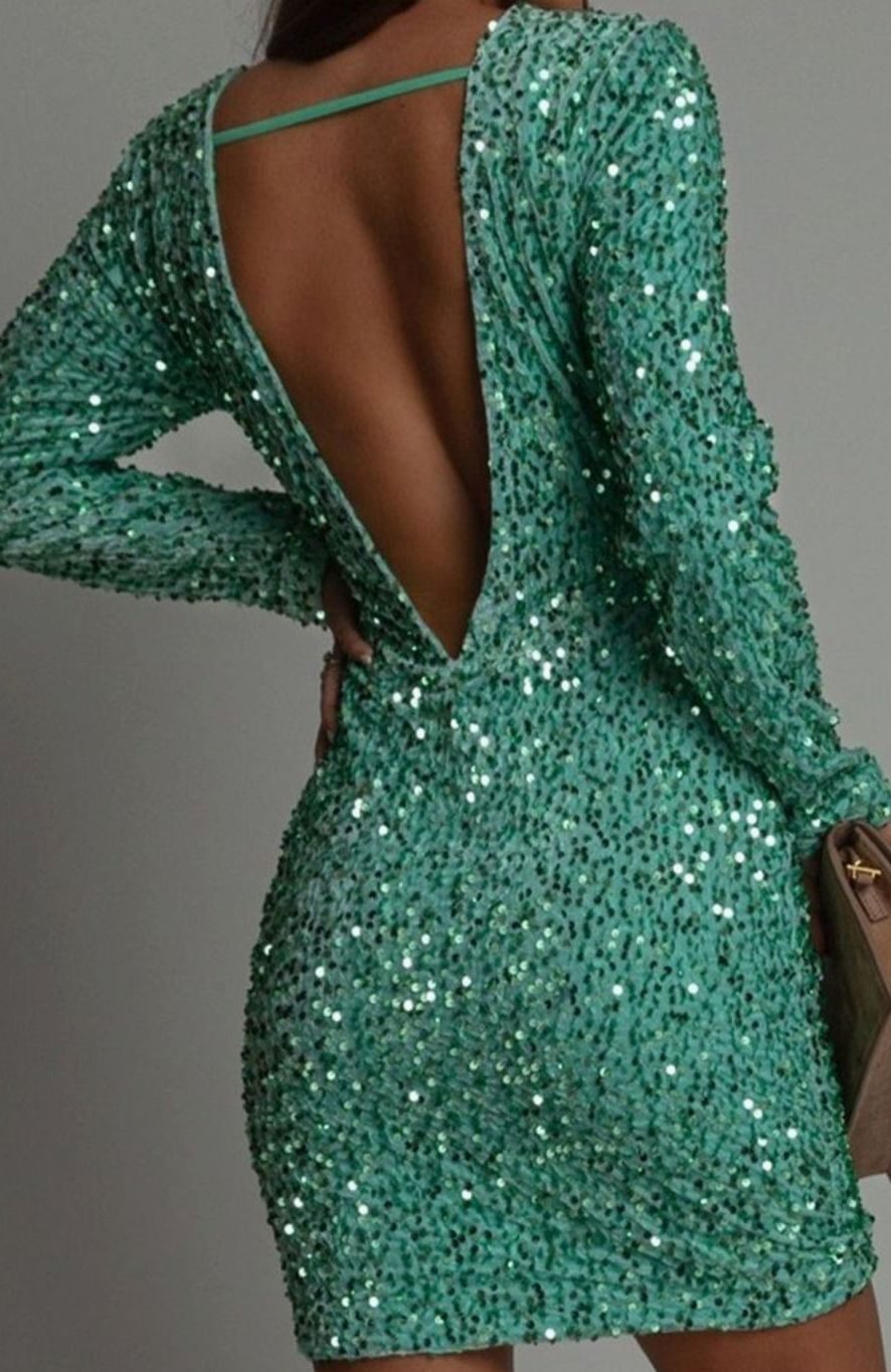 Women's Long-Sleeve Open-Back Sequin Bodycon Mini Dress