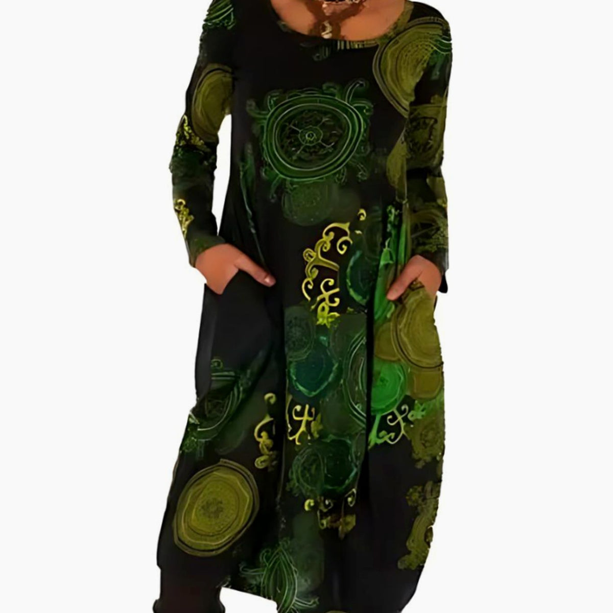 Women's Long-Sleeve Relaxed Midi Dress Allover Print Pockets - Green