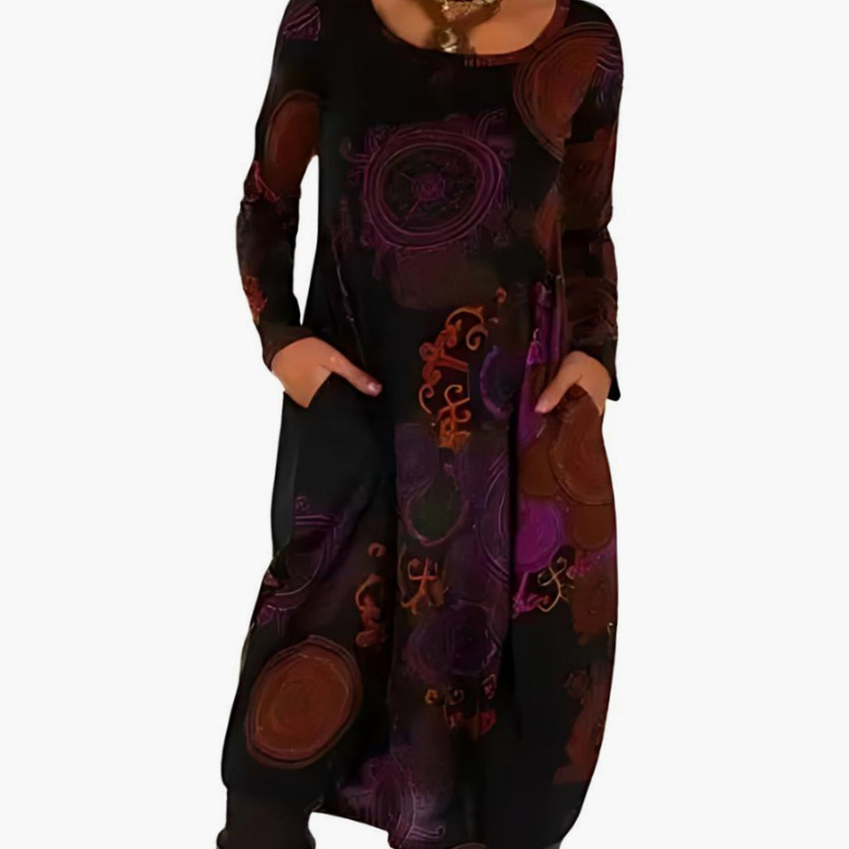 Women's Long-Sleeve Relaxed Midi Dress Allover Print Pockets - Red