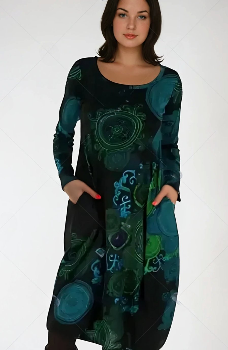 Women's Long-Sleeve Relaxed Midi Dress Allover Print Pockets