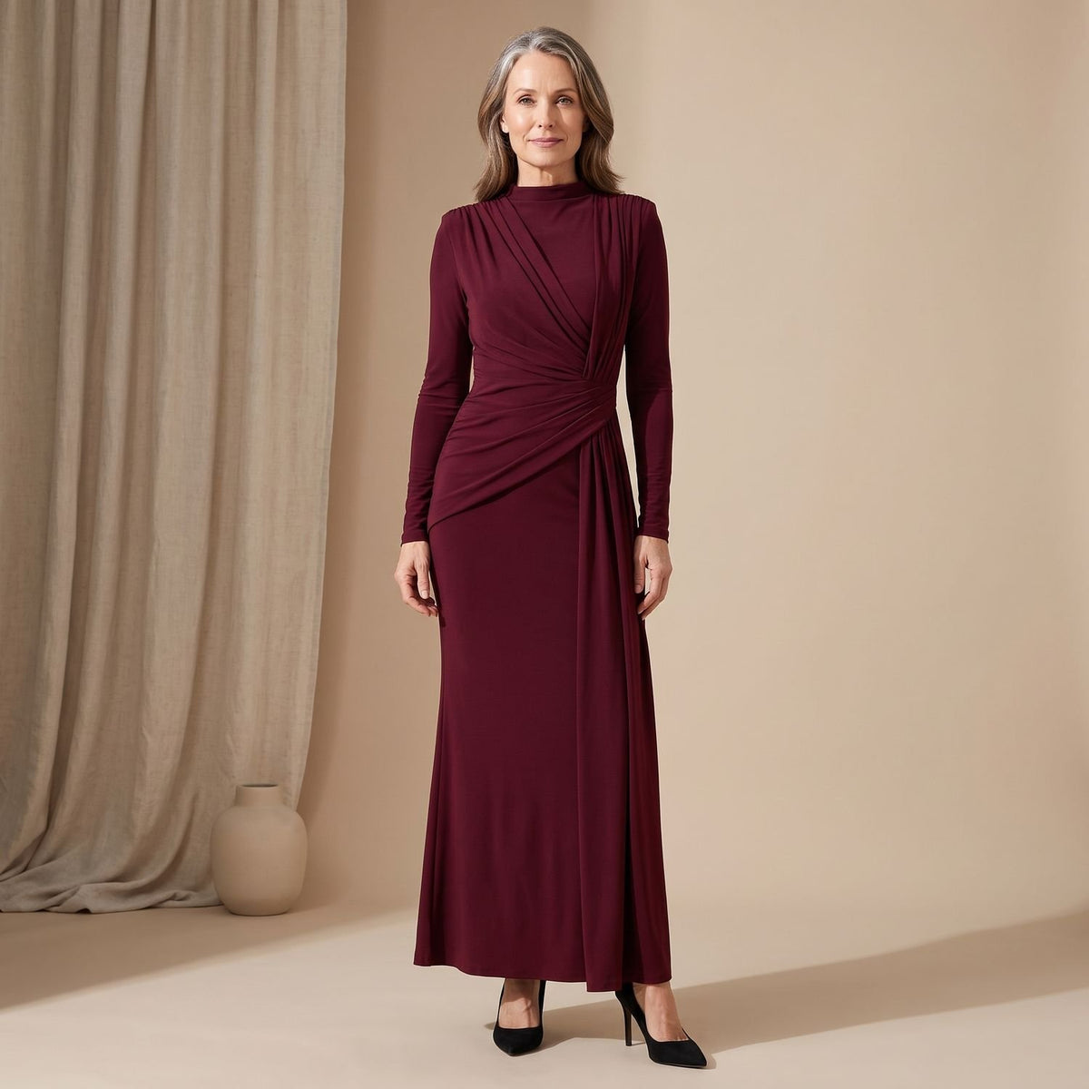 Women's Long Sleeve Ruched Bodycon Maxi Dress High Neck