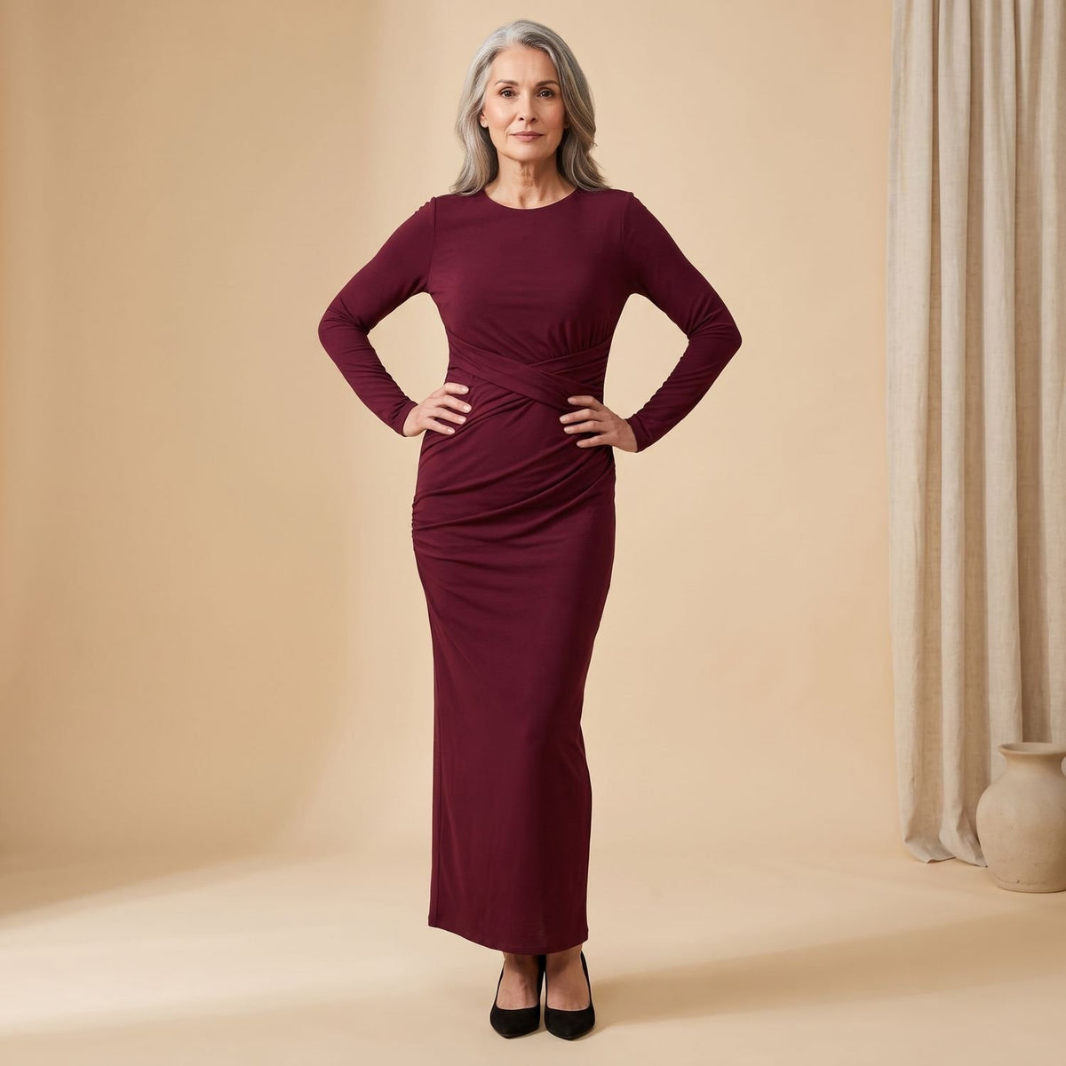 Women's Long Sleeve Ruched Bodycon Maxi Dress High Neck