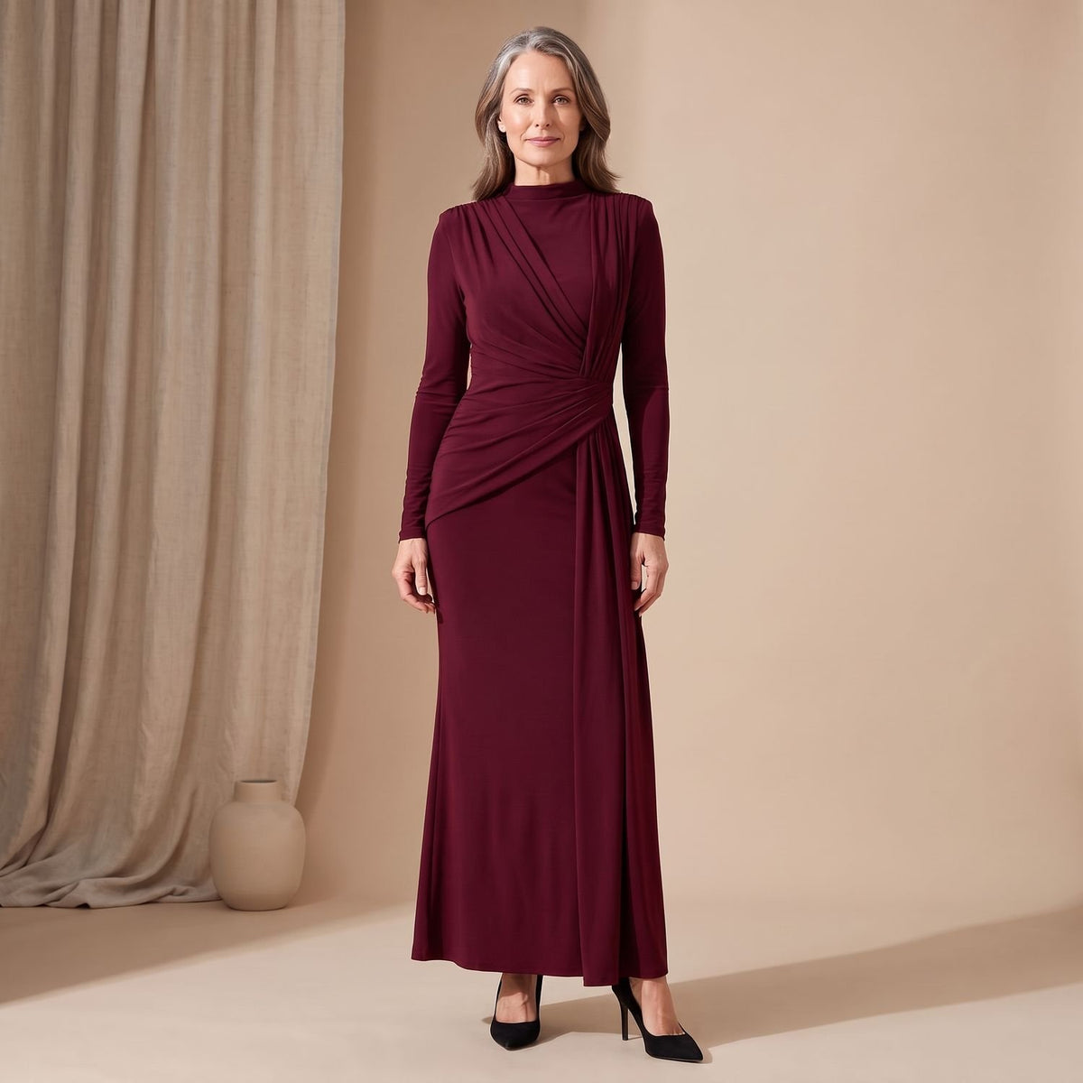 Women's Long Sleeve Ruched Bodycon Maxi Dress High Neck