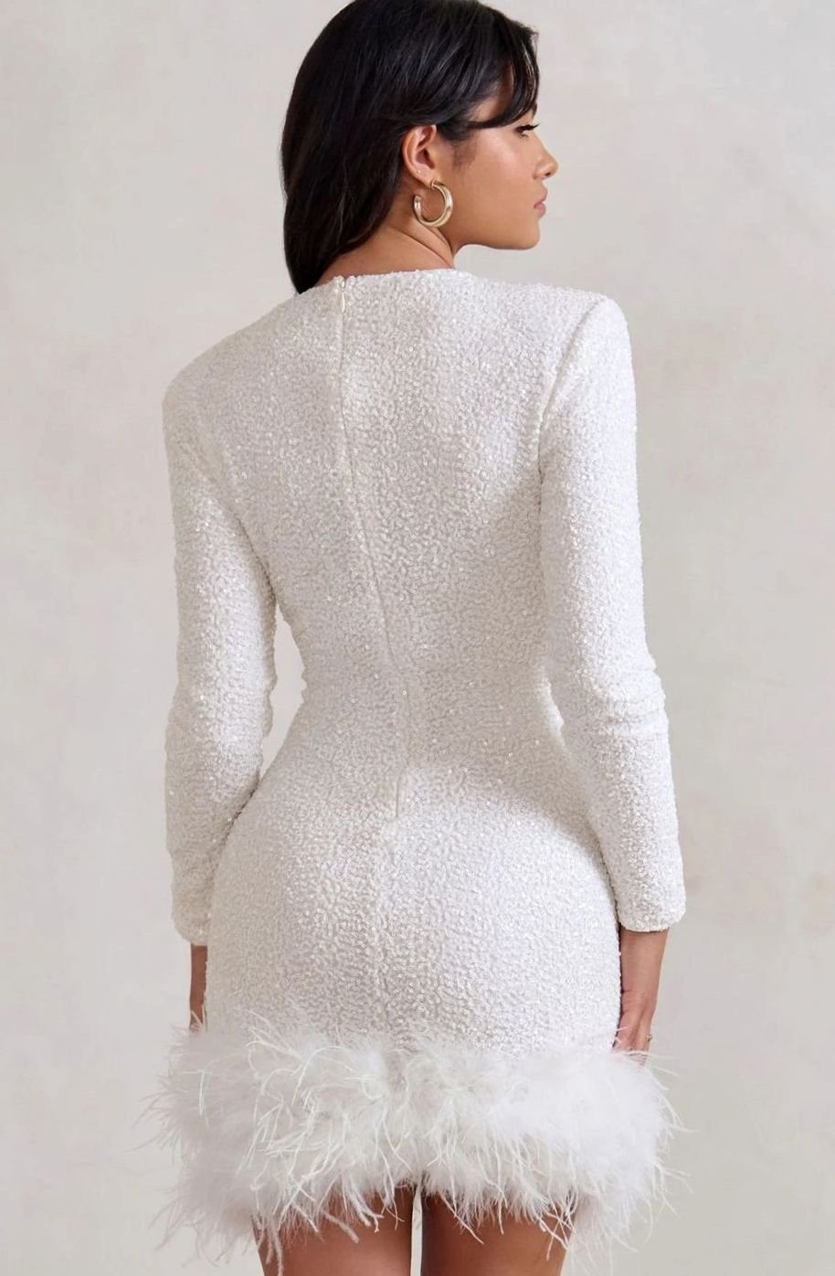 Women's Long-Sleeve Sequin Feather-Hem Christmas Party Mini Dress