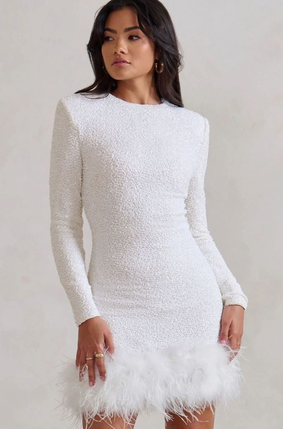 Women's Long-Sleeve Sequin Feather-Hem Christmas Party Mini Dress