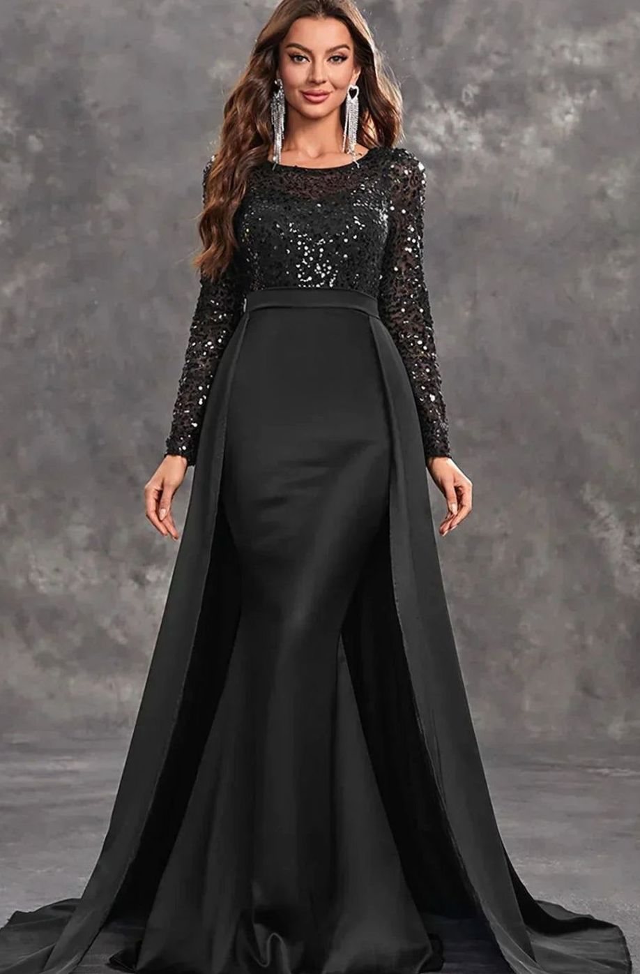 Women's Long Sleeve Sequin Maxi Evening Gown Flowing Skirt