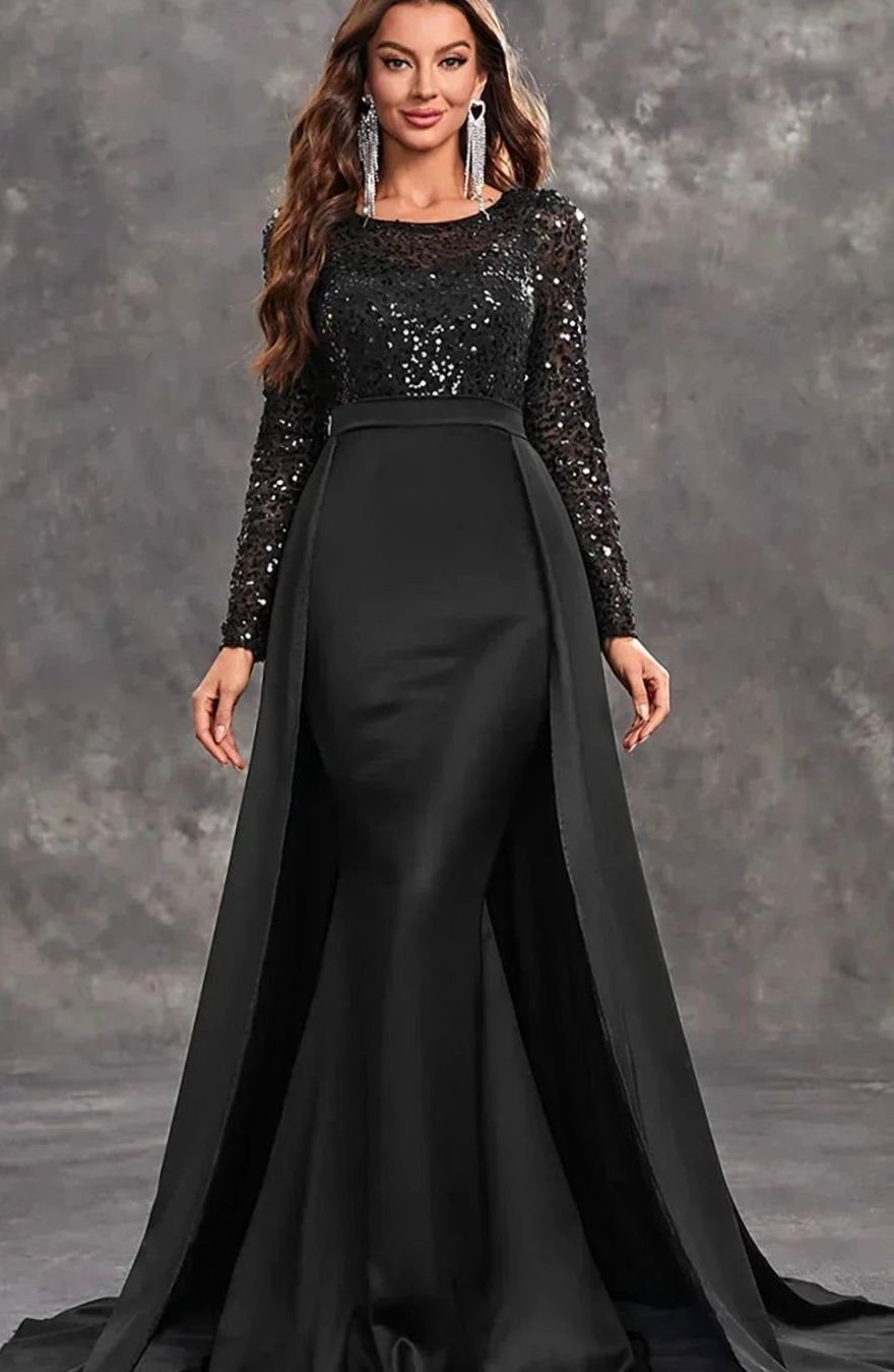 Women's Long Sleeve Sequin Maxi Evening Gown Flowing Skirt - Black