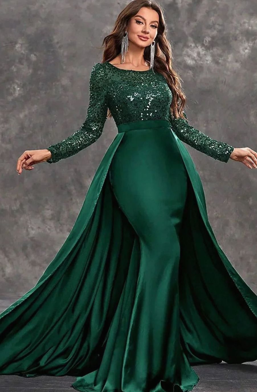 Women's Long Sleeve Sequin Maxi Evening Gown Flowing Skirt