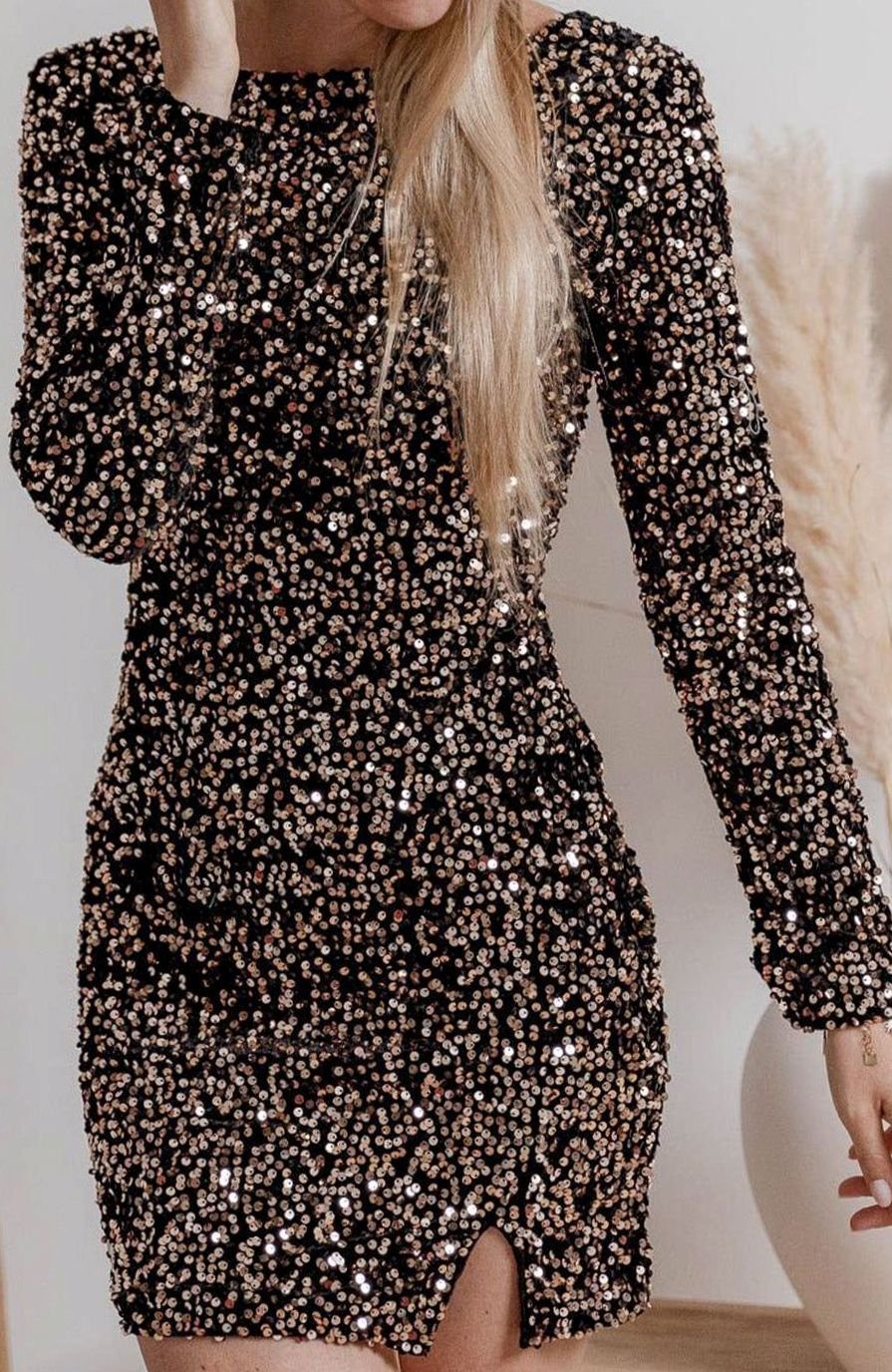 Women's Long-Sleeve Sequin Mini Dress Thigh-High Split