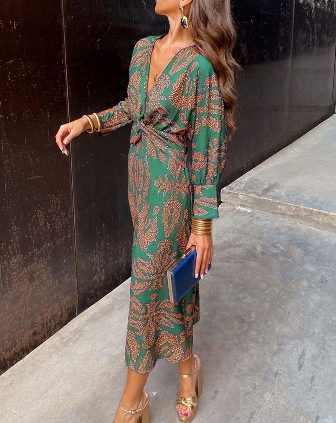 Women's Long-Sleeve V-Neck Twist-Front Printed Maxi Dress - Green