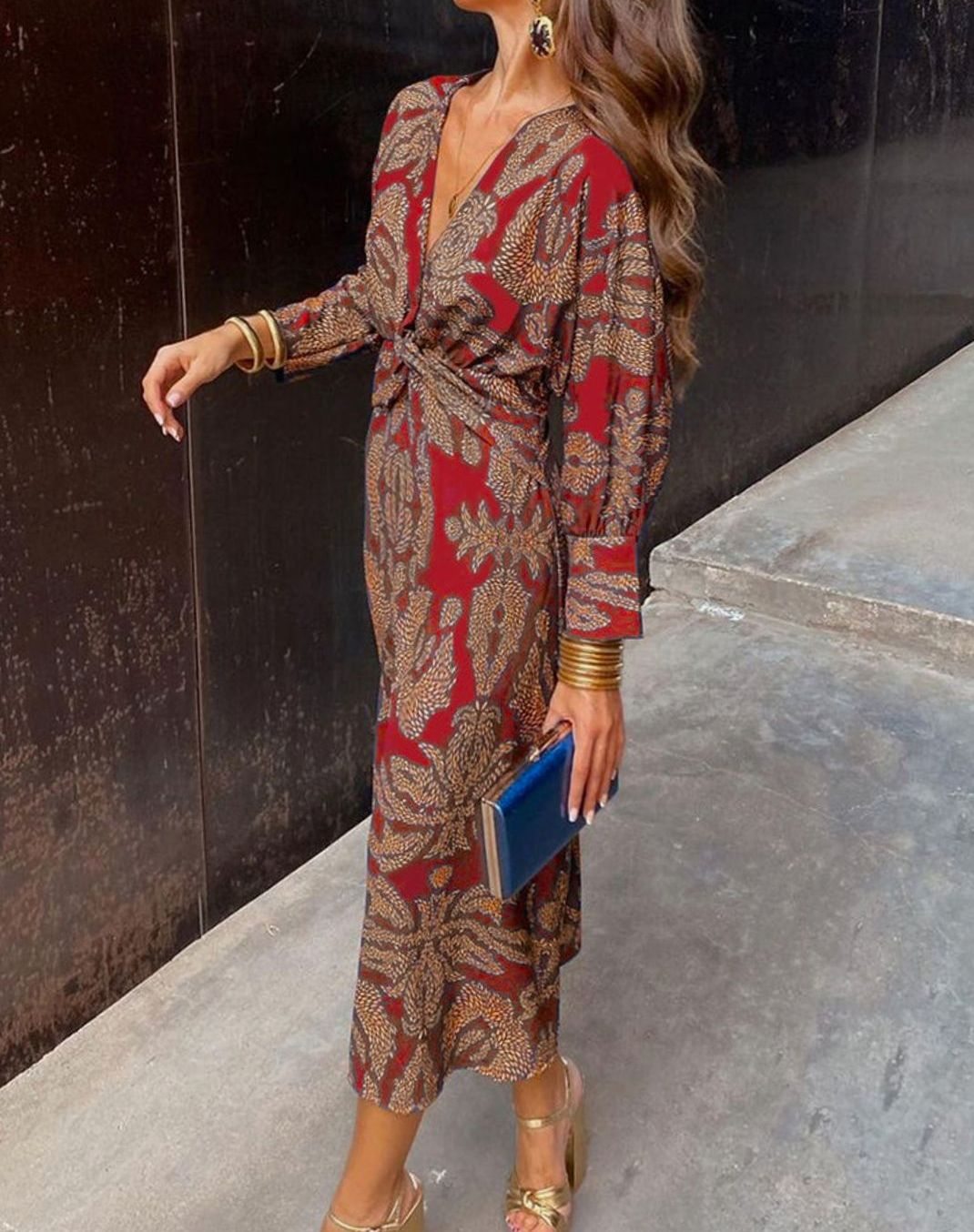 Women's Long-Sleeve V-Neck Twist-Front Printed Maxi Dress - Red