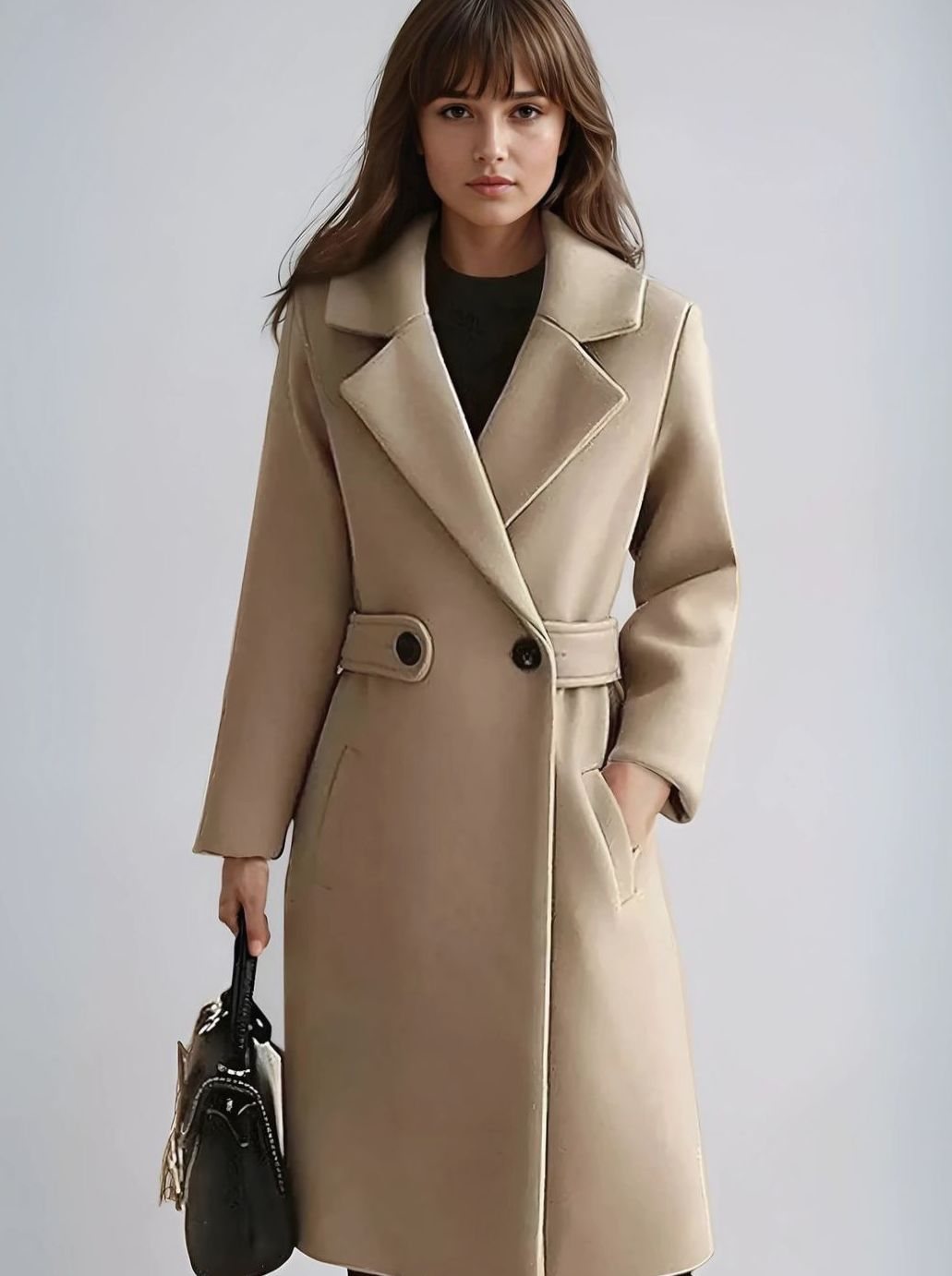 Women's Longline Belted Notch-Lapel Formal Winter Coat - Camel