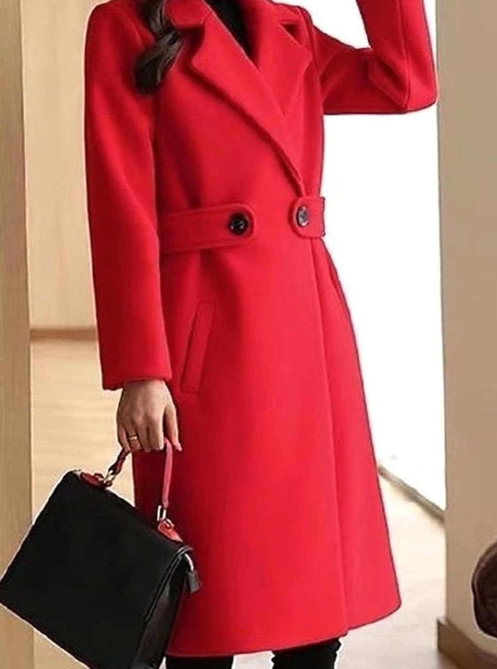 Women's Longline Belted Notch-Lapel Formal Winter Coat - Red