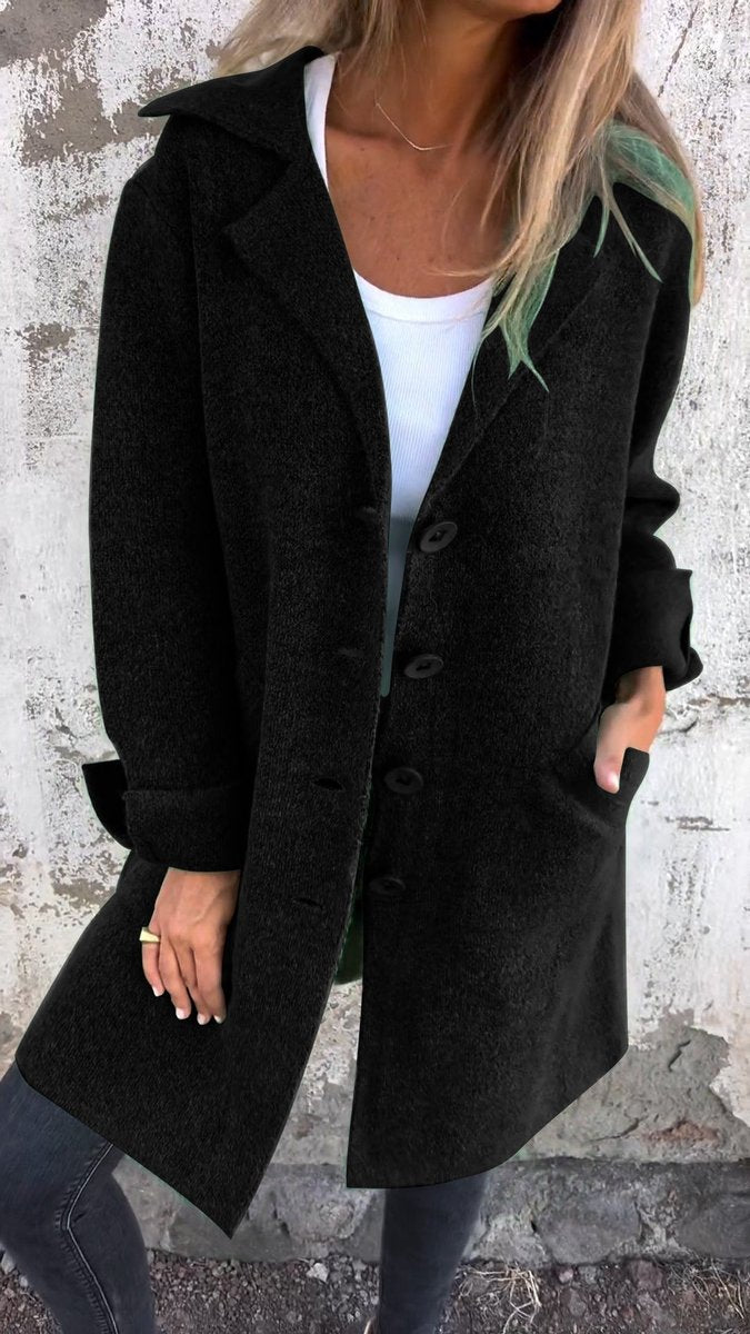 Women's Longline Button-Front Lapel Coat Jacket - Black