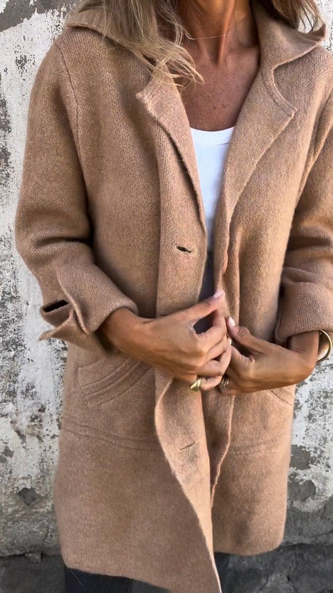 Women's Longline Button-Front Lapel Coat Jacket - Khaki