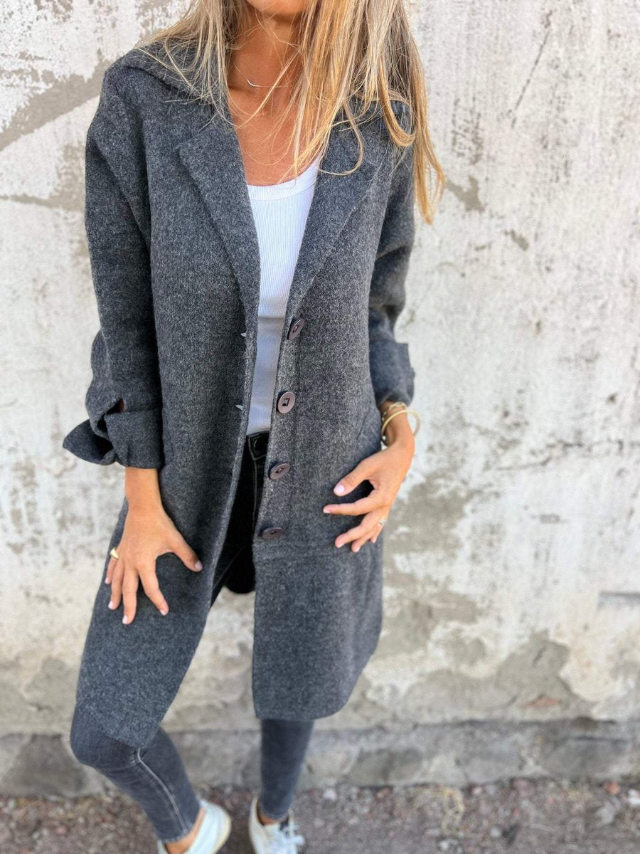 Women's Longline Button-Front Lapel Coat Jacket - Grey