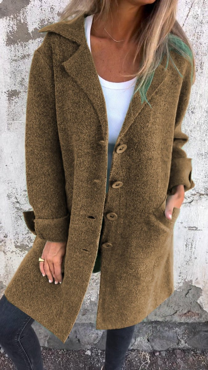 Women's Longline Button-Front Lapel Coat Jacket - Brown