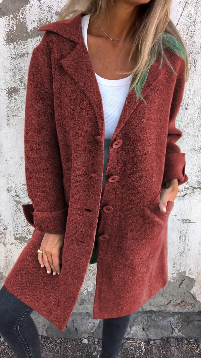 Women's Longline Button-Front Lapel Coat Jacket - Red