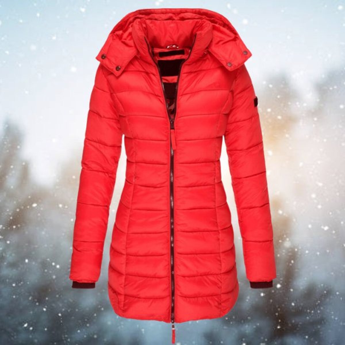 Women's Longline Hooded Insulated Quilted Jacket - Red