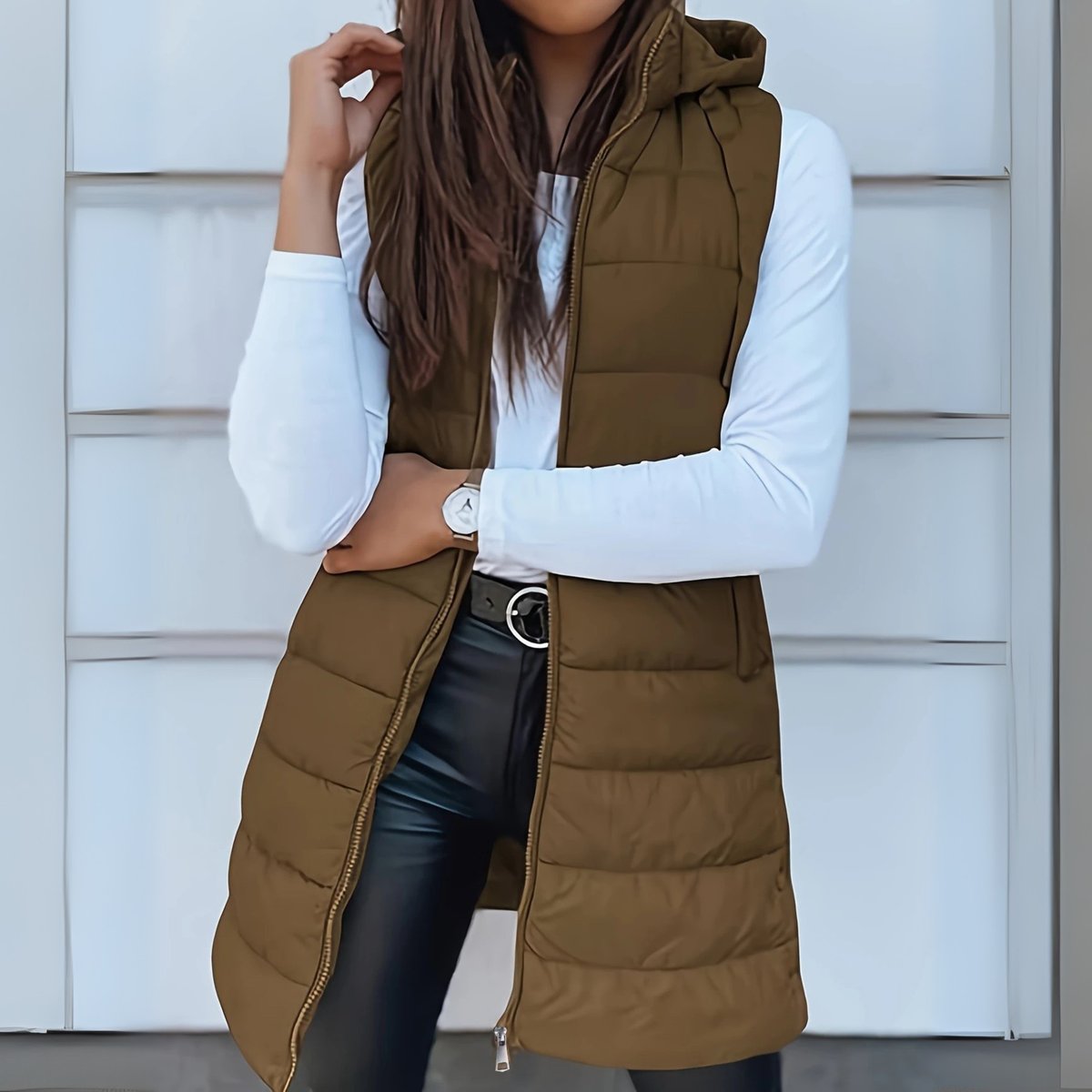Women's Longline Hooded Sleeveless Puffer Vest - Khaki