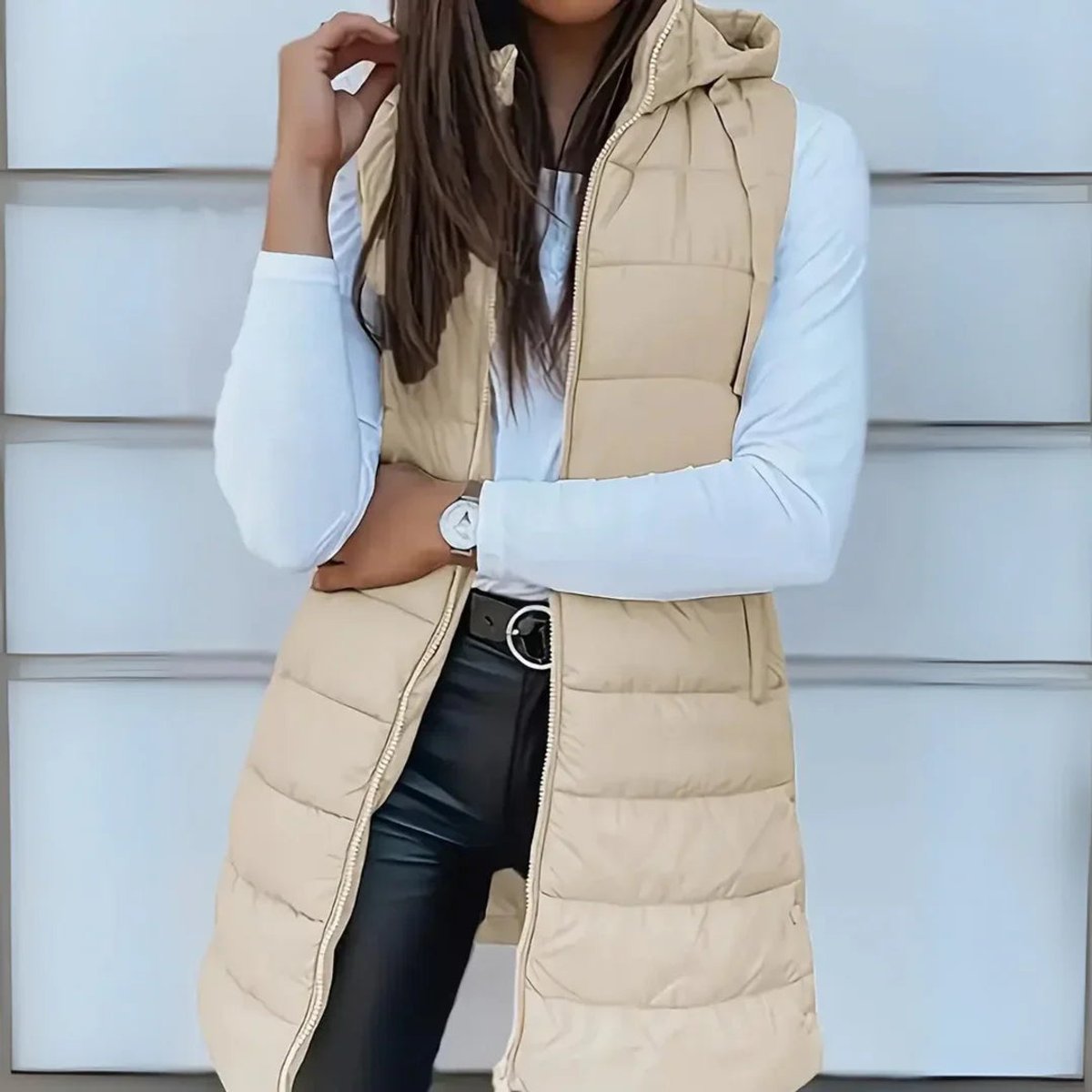 Women's Longline Hooded Sleeveless Puffer Vest - Beige