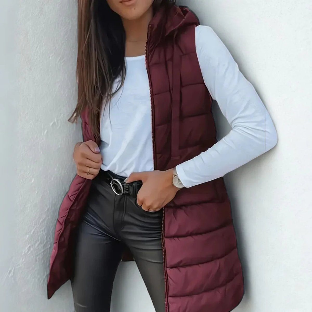 Women's Longline Hooded Sleeveless Puffer Vest - Chestnut Brown