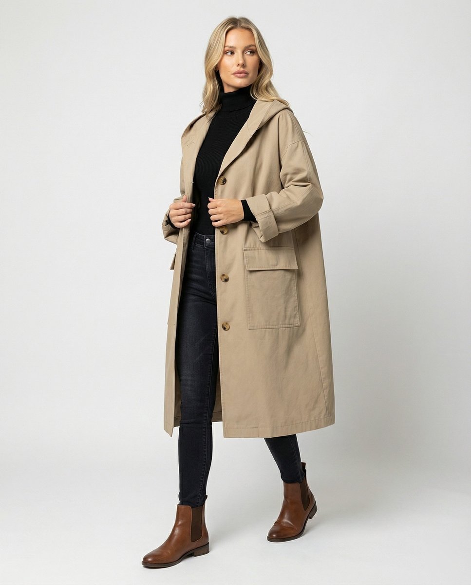 Women's Longline Hooded Waterproof Windproof Trench Coat - Beige