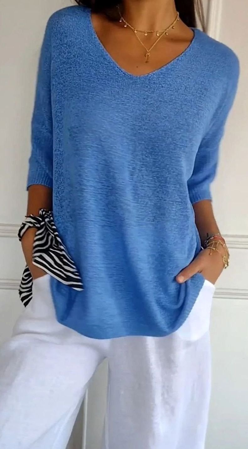 Women's Longline Loose Fit V-Neck Knit Tunic Top - Blue