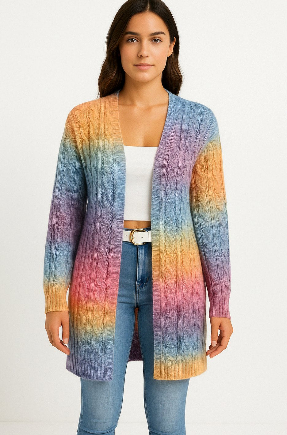 Women's Longline Open-Front Cable Knit Cardigan - Blue