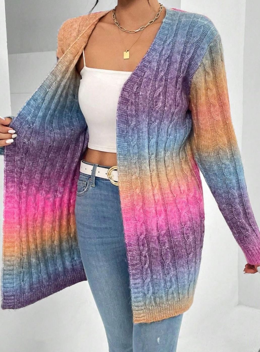 Women's Longline Open-Front Cable Knit Cardigan
