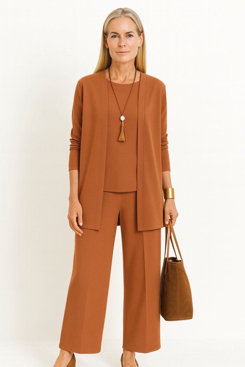 Women's Longline Open-Front Cardigan Wide-Leg Trouser 3-Piece Set - Hellbraun