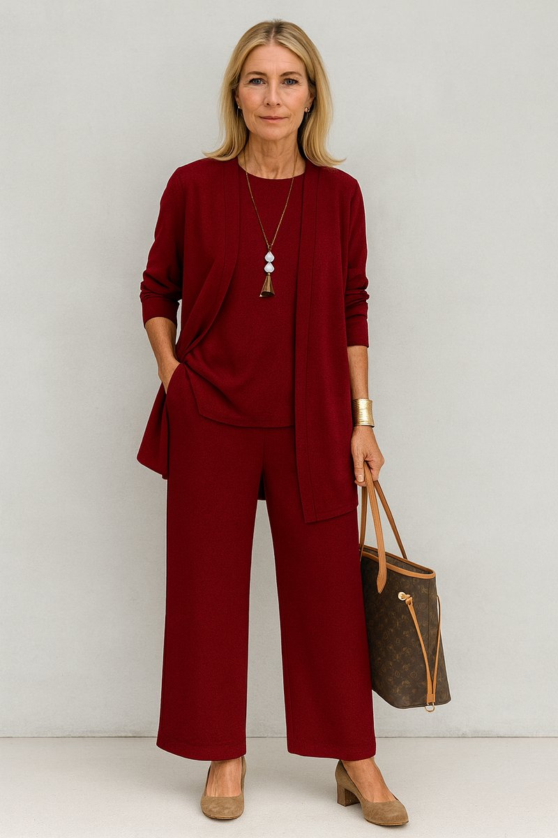 Women's Longline Open-Front Cardigan Wide-Leg Trouser 3-Piece Set - Rot