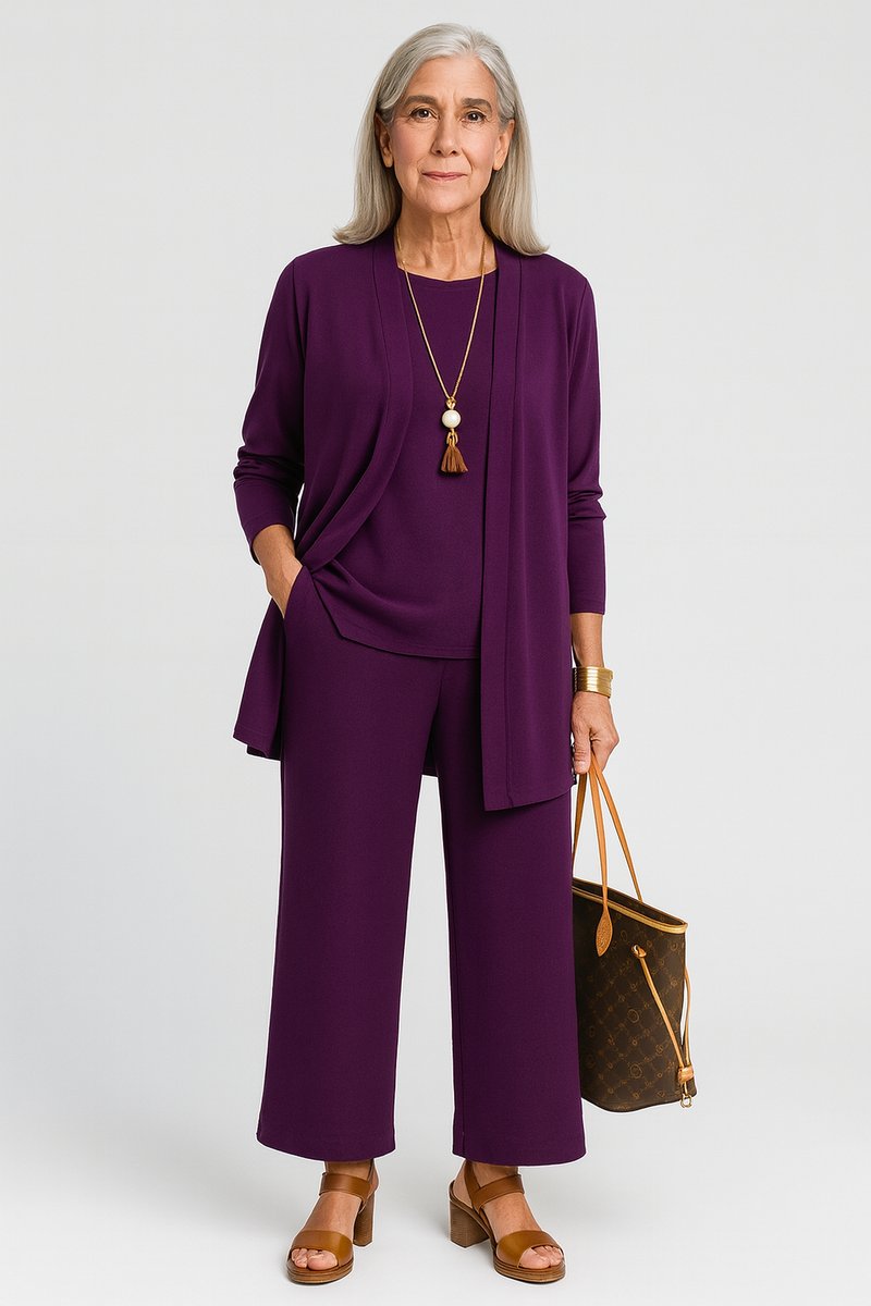 Women's Longline Open-Front Cardigan Wide-Leg Trouser 3-Piece Set - Lila