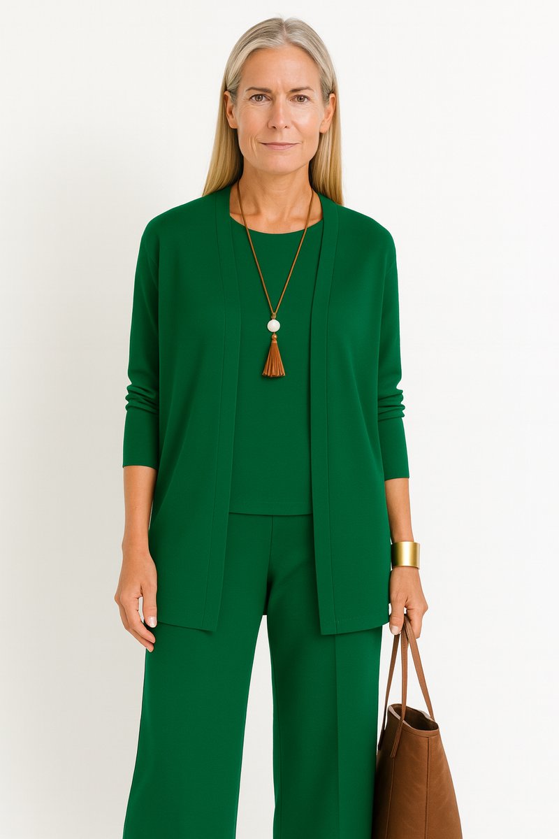 Women's Longline Open-Front Cardigan Wide-Leg Trouser 3-Piece Set - Grün