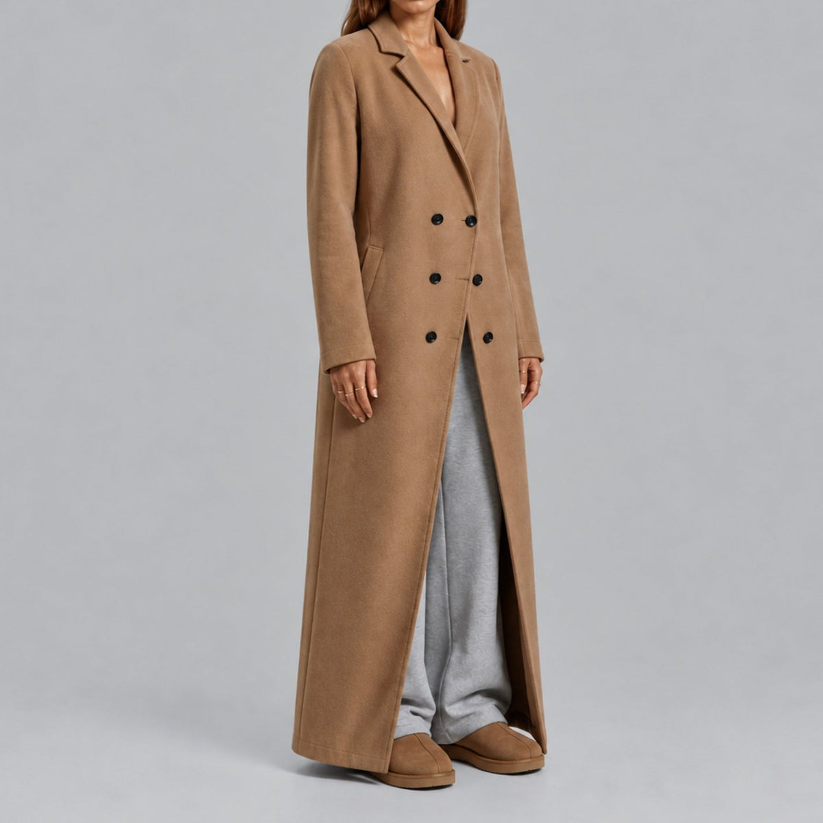 Women's Longline Warm Double Breasted Wool Coat - Beige