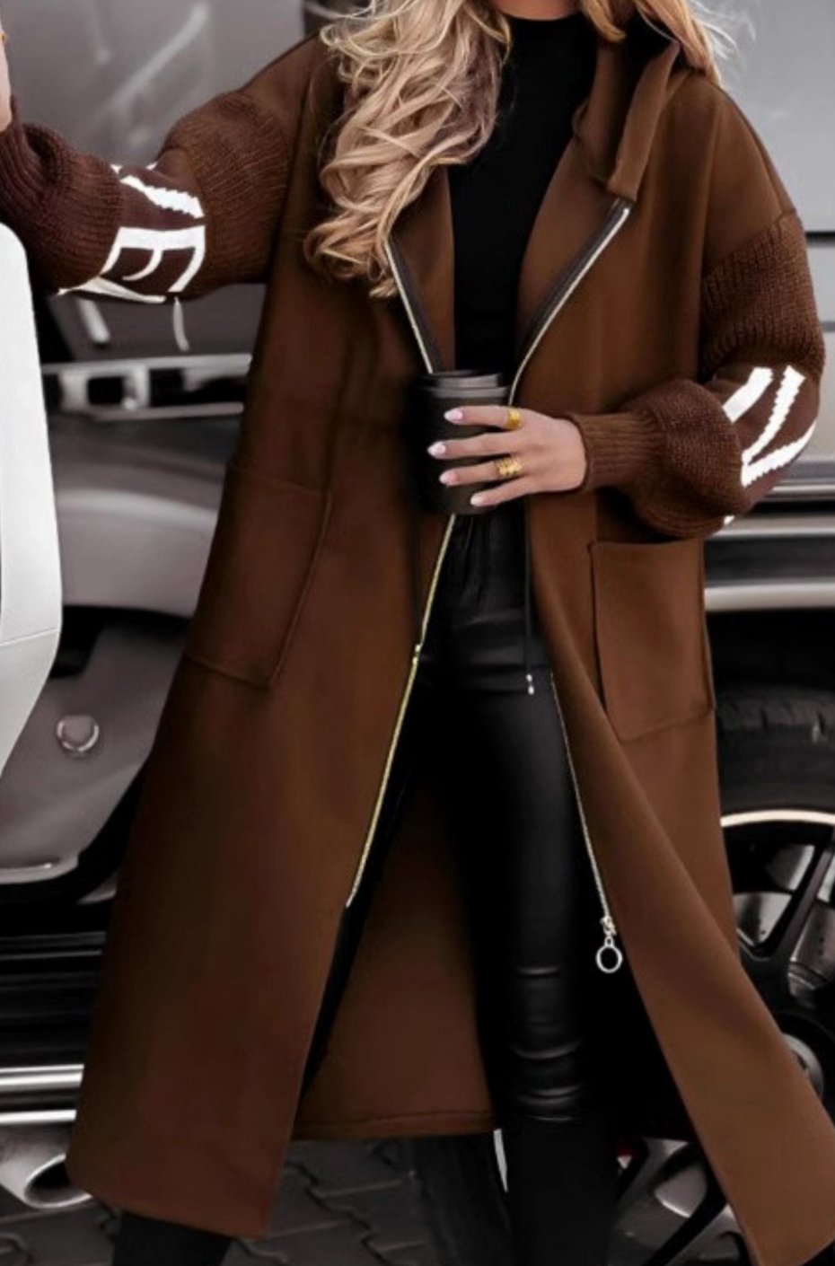 Women's Longline Zip-Up Hooded Wool Coat Knit Sleeve - Brown