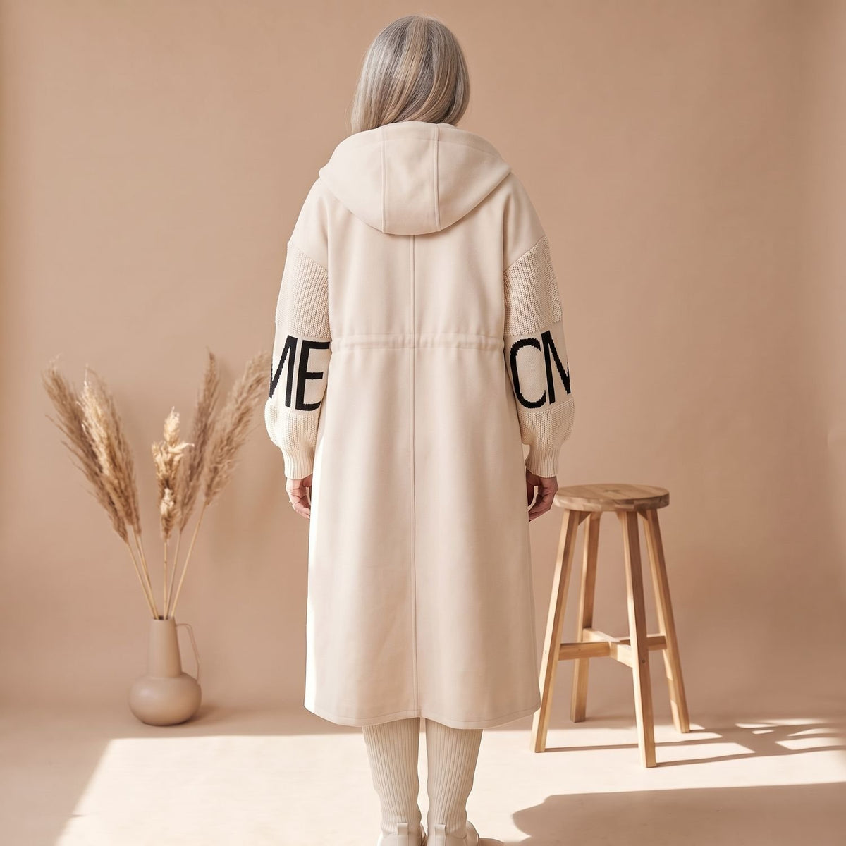 Women's Longline Zip-Up Hooded Wool Coat Knit Sleeve