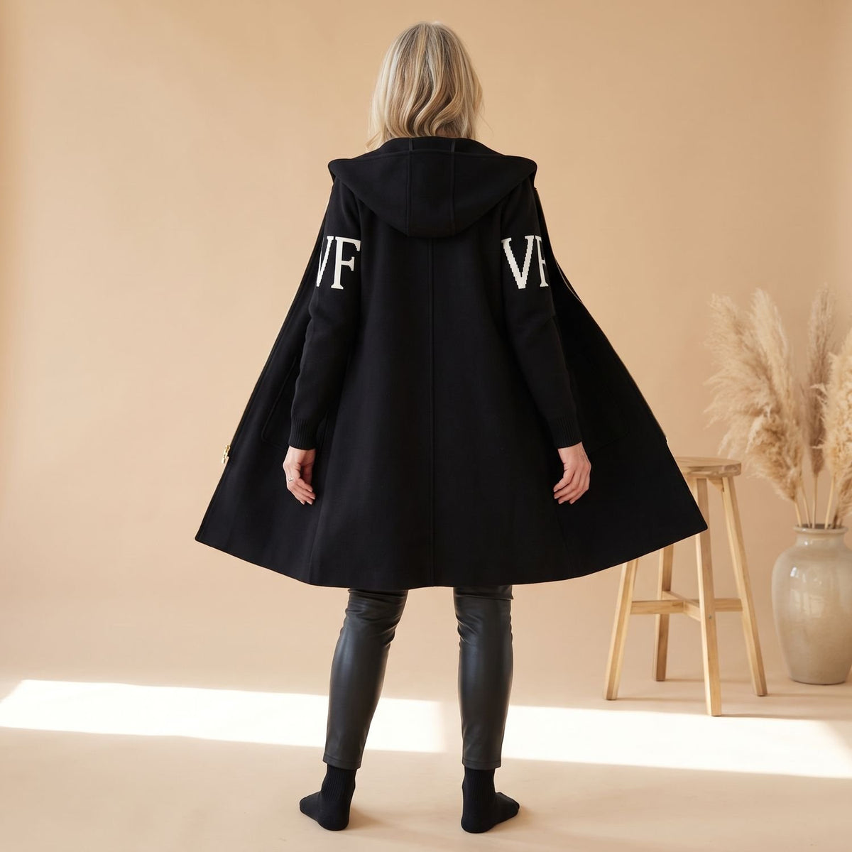 Women's Longline Zip-Up Hooded Wool Coat Knit Sleeve