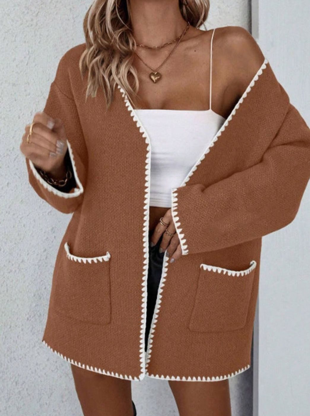Women's Loose Fit Open Front Knit Cardigan Contrast Trim