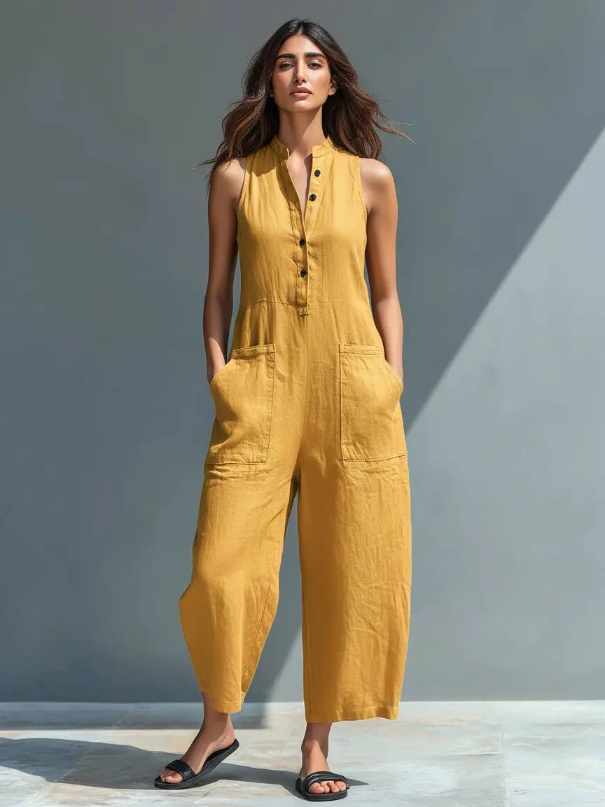 Women's Loose-Fit Sleeveless Linen Blend Button-Up Jumpsuit - Yellow