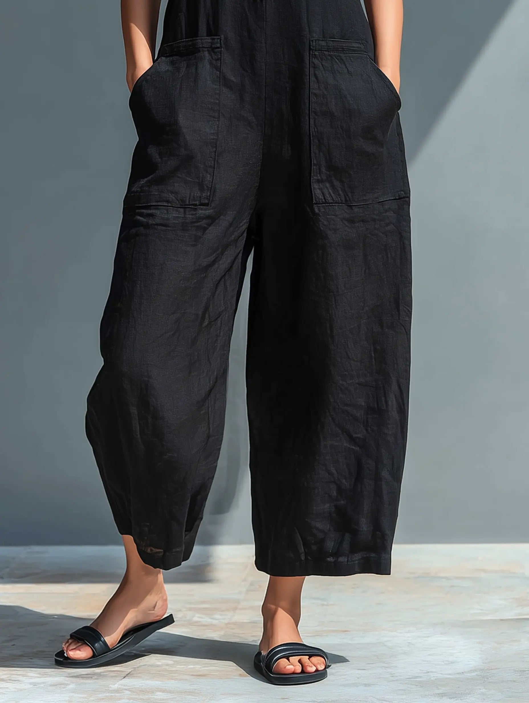 Women's Loose-Fit Sleeveless Linen Blend Button-Up Jumpsuit