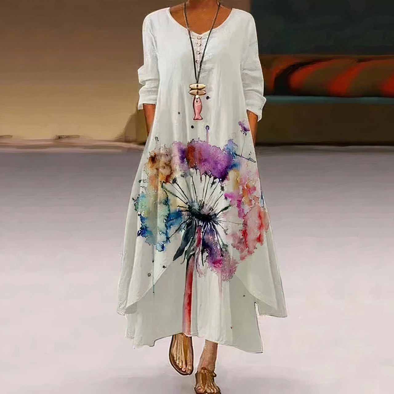 Women's Loose Floral Hem Long Sleeve Round Neck Maxi Dress - White 2