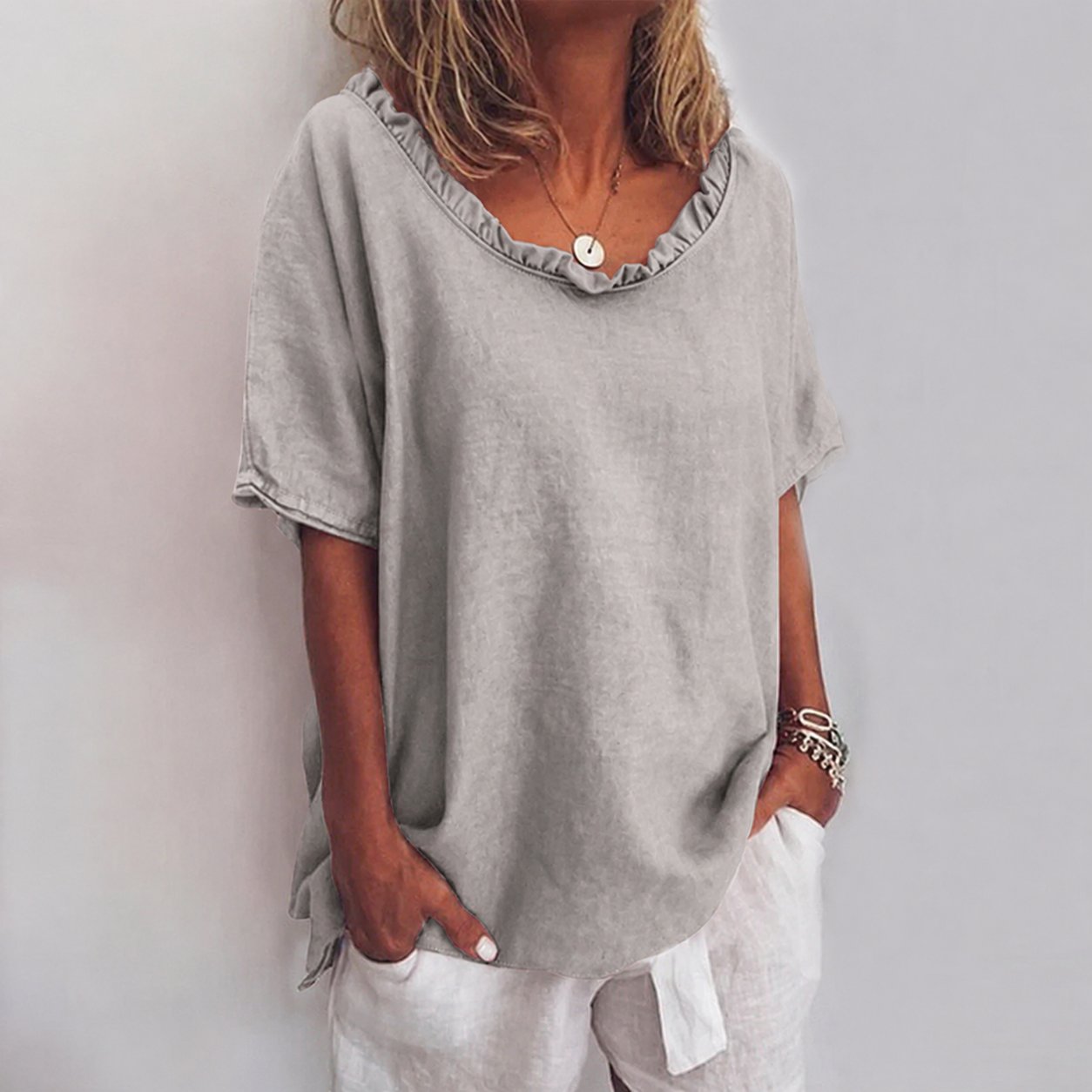 Women's Loose Relaxed-Fit Frill-Neck Short-Sleeve Blouse - Gray