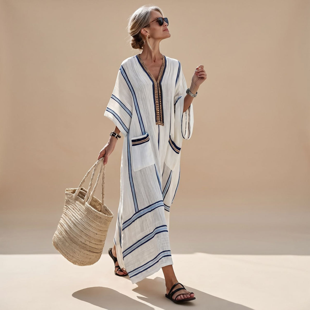 Women's Loose Striped Maxi Dress V-Neck Caftan with Pockets - White
